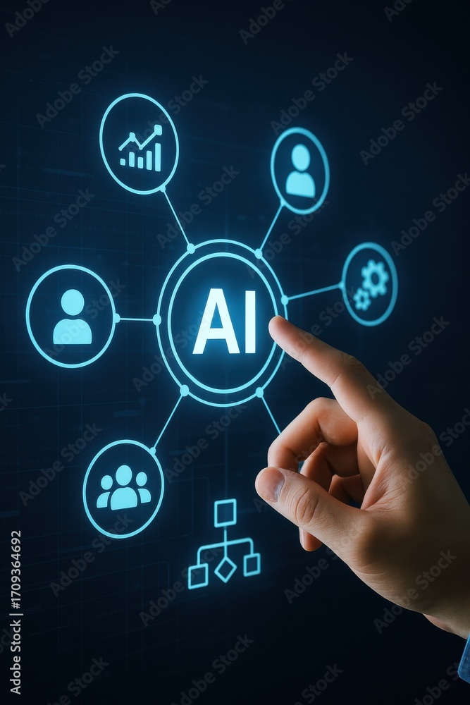Poster hand interacting with ai technology visuals on dark background for digital transformation concepts