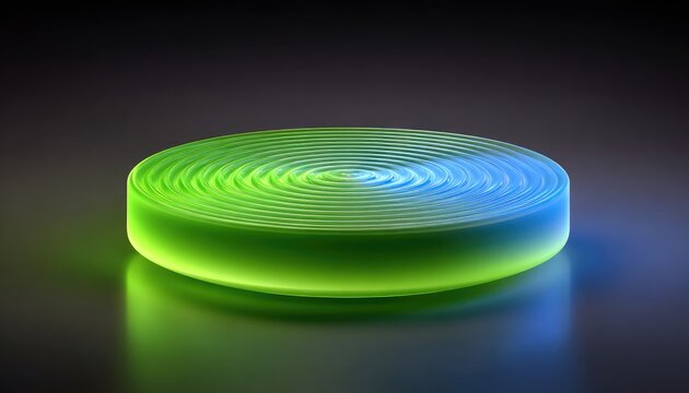 Circular, glowing, vibrant green and blue disc