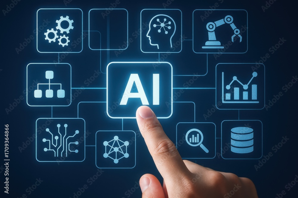 Poster finger pointing at ai concept with various technology icons illustrating machine learning ideas