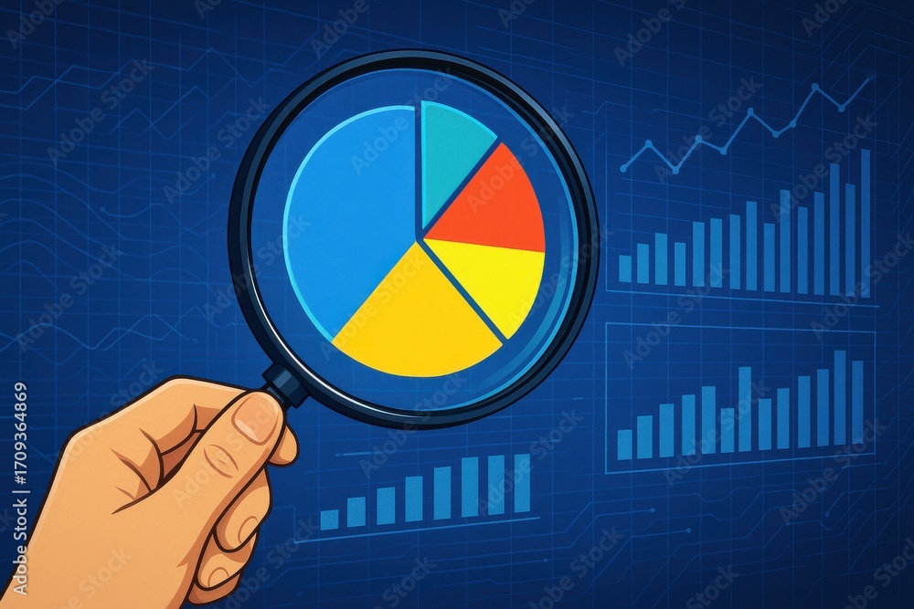Poster hand holding magnifying glass over colorful pie chart and bar graph on digital background