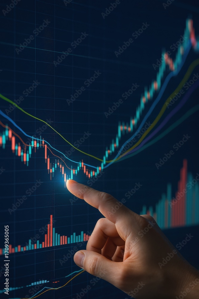 Aufkleber hand pointing at financial chart with colorful data lines and growing stock prices