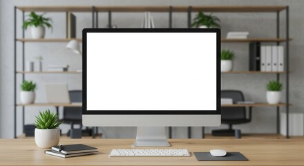 Fototapeta premium Modern desktop computer with blank white screen on wooden desk in a contemporary office setting.