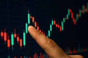 Close-up of Human Finger Pointing at Stock Market Data on a Digital Screen with Price Fluctuations