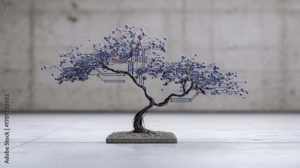 Poster artistic representation of a tree constructed from microchips highlighting the fusion of nature and 