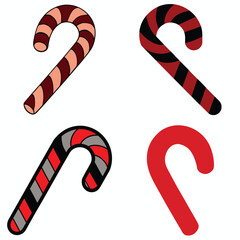Four festive candy canes in various red and white striped patterns and a solid red design