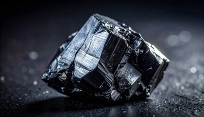 Close-up macro shot of a dark, glistening mineral specimen with sharp geometric facets on a textured, dark surface, highlighting its natural crystalline structure and reflective properties