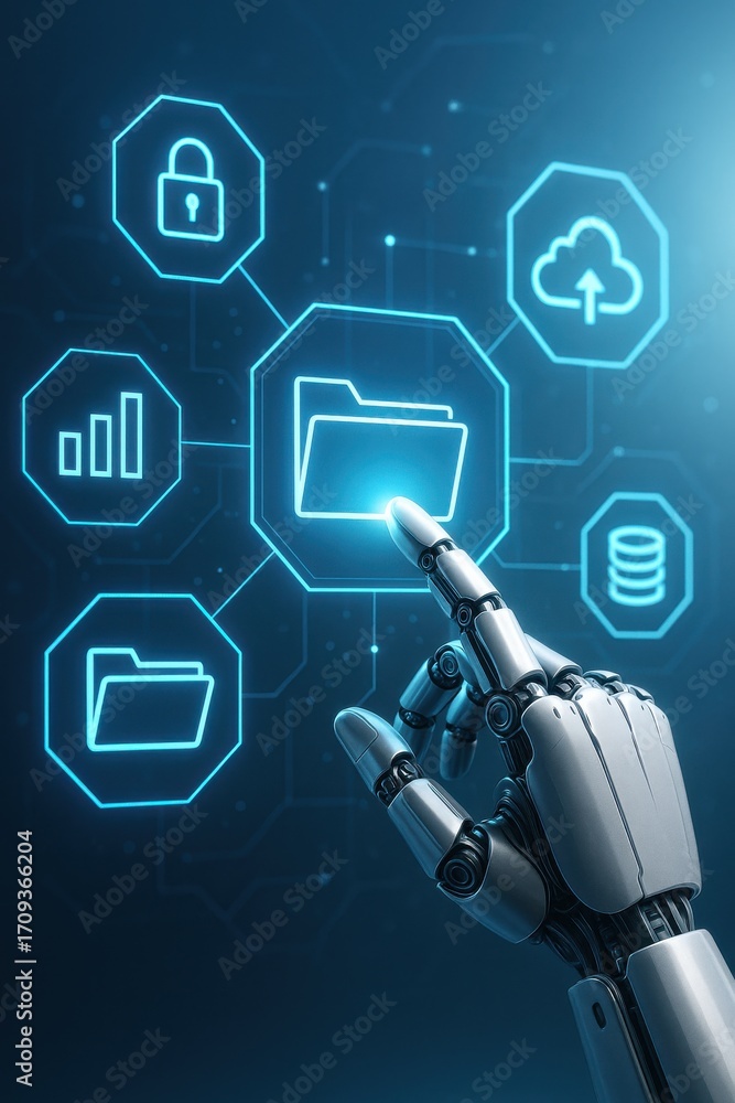 Poster futuristic robot hand interacting with digital interface and file management system