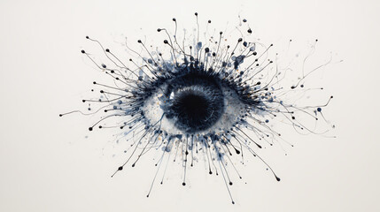An artistic representation of an eye, featuring splashes of blue and black, creating a dynamic, abstract effect.
