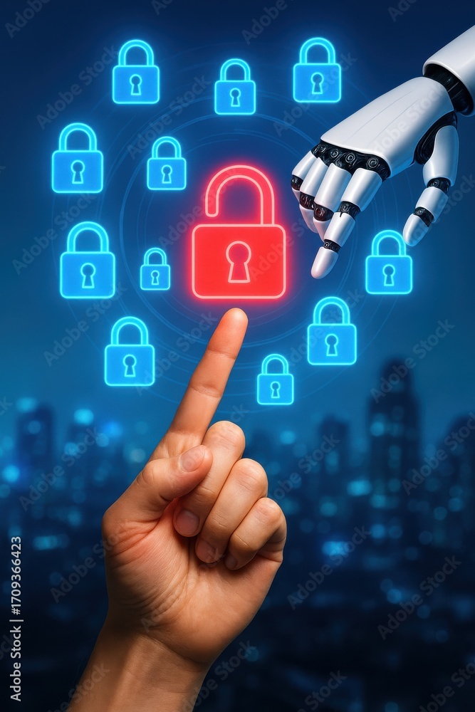 Poster digital security concept with robotic hand and red lock on blue background in urban environment