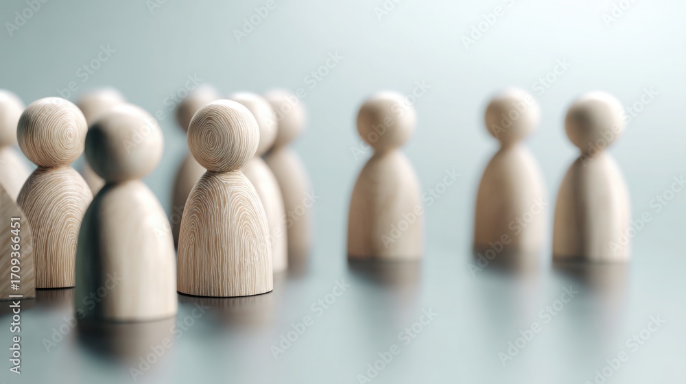 Poster set of wooden figures representing a diverse team and collaboration in a modern work environment for