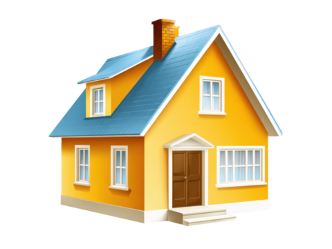 Yellow house blue roof brick chimney white windows brown door image - Powered by Adobe