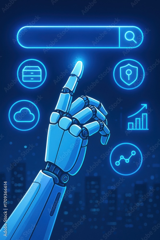 Aufkleber futuristic robot hand interacting with digital search interface and data icons