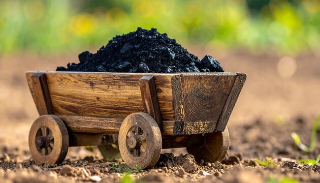 A rustic wooden cart overflowing with dark black coal, symbolizing the foundational role of fossil fuels in energy production and the ongoing global resource challenges