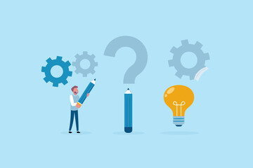 Man with pencil solving a question mark and gears leading to a bright idea lightbulb