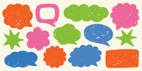 Collection of hand drawn colorful speech bubbles and star shapes on a light background