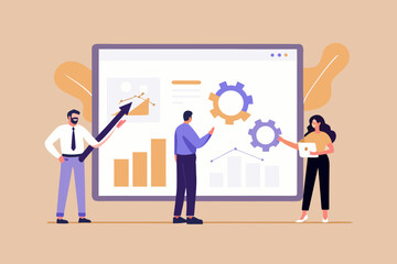 Business team collaborating on a digital dashboard with charts and gears illustrating progress and strategy