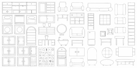 Collection of hand drawn furniture and home decor items in a clean line art style