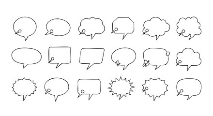 Collection of hand-drawn speech bubbles, various shapes and sizes, simple line art.