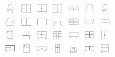 Obraz premium Collection of outline furniture icons including sofas chairs cabinets tables and windows on a white background