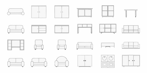 Collection of modern minimalist furniture icons including sofas armchairs cabinets tables and desks in a clean line art style