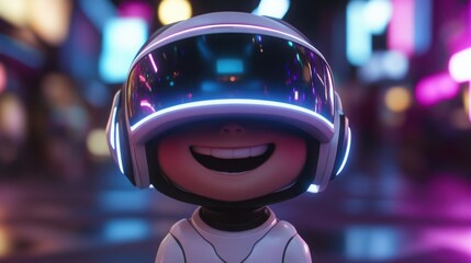 A cheerful boy enjoys an exciting virtual reality experience in a modern room filled with vibrant neon lighting and a fun, 3d cartoon character