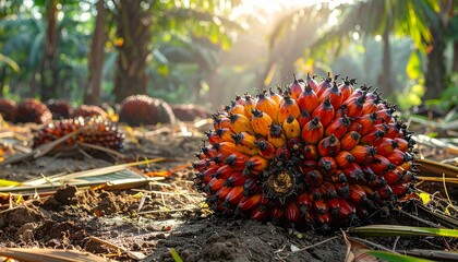 Palm Fruit Harvest Close-up of Freshly Picked Oil Palm Seed Bunches