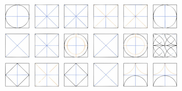 Geometric construction diagrams showing squares circles and lines for design and architecture