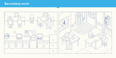 Isometric illustration of people working in an office environment with desks computers and chairs