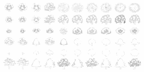 Collection of stylized grayscale tree illustrations in various shapes and sizes for architectural design and landscaping projects