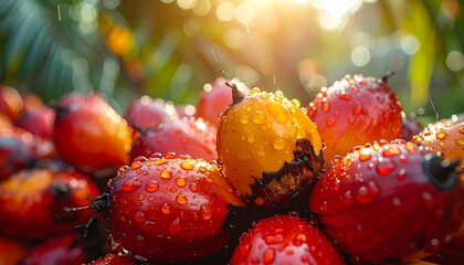 A vibrant cluster of freshly harvested palm oil fruits, wet with morning dew, basking in the warm glow of a sunlit plantation