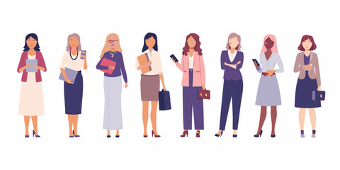 Obraz premium Diverse group of professional business women standing together in modern office attire holding documents and devices