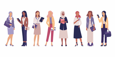 Obraz premium Diverse group of professional women standing together in business attire holding books and phones