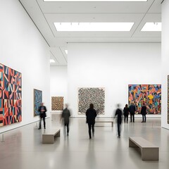 Modern art museum gallery showcases vibrant abstract paintings, attracting a crowd of visitors.