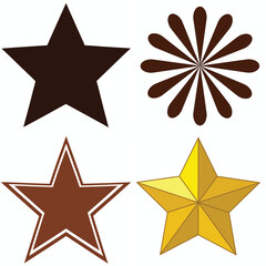 Collection of four distinct star shapes including a solid dark star a spiky star a lined star and a golden star