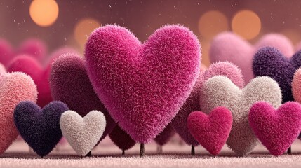 Obraz premium Fluffy hearts in various shades of pink and purple, soft focus bokeh