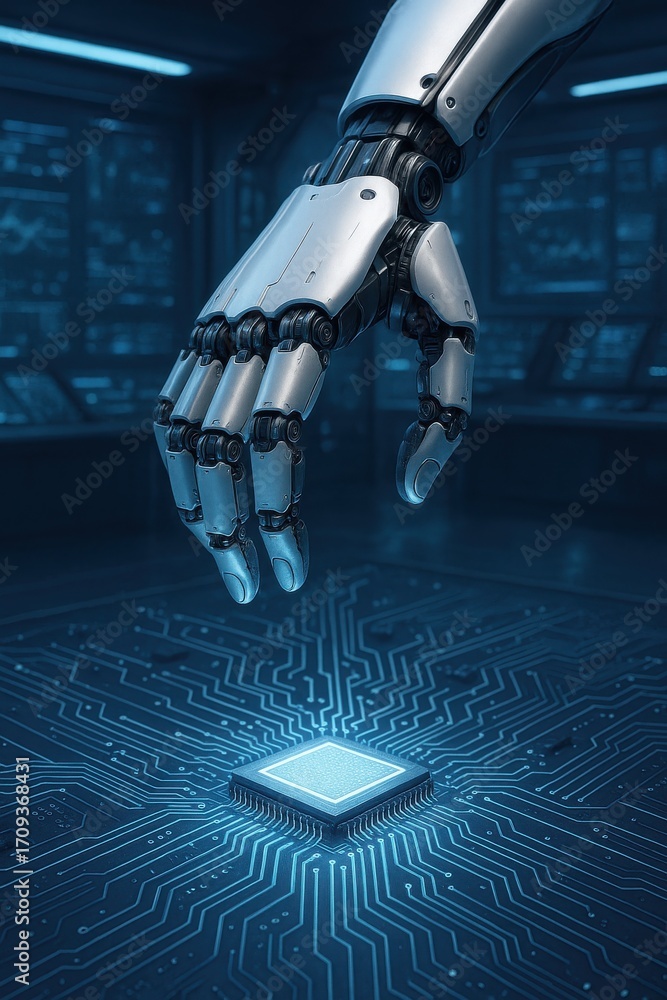 Aufkleber robotic hand reaching for microchip on a circuit board in a high-tech environment