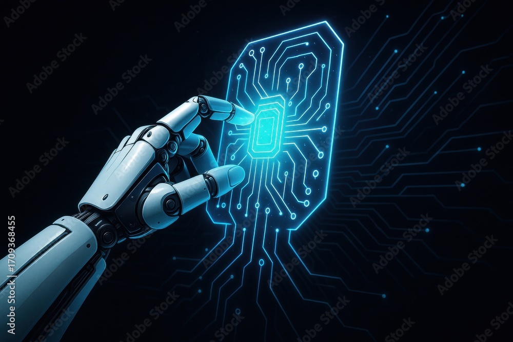 Aufkleber futuristic robot hand interacting with advanced circuit board technology in dark environment