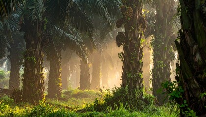 Misty morning light filters through a lush palm tree plantation, creating a serene and tranquil natural landscape