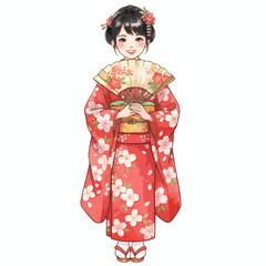 Cute Watercolor Children in Traditional Asian Clothing Illustration on White Background