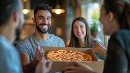 young man presenting pizza box to friends in modern cafe