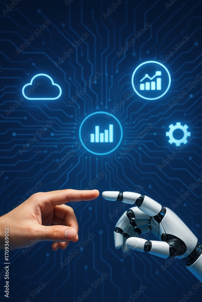 Aufkleber human and robot interaction representing future technology and digital communication concepts