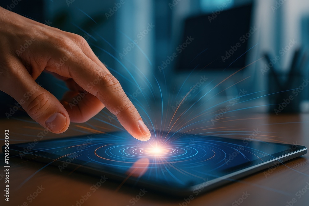 Poster touch interaction with tablet technology, digital art and creative connection concept
