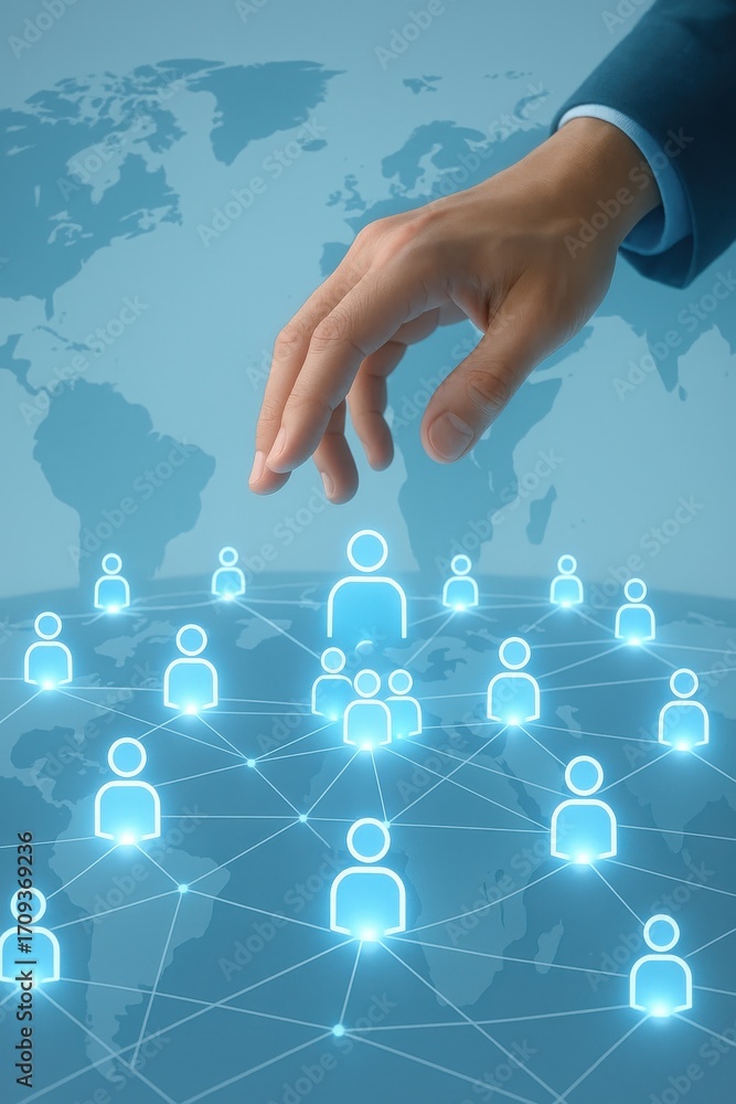 Aufkleber hand reaching out to connect with digital network representing global communication links