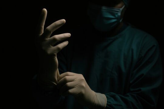 A surgeon preparing to operate putting on latex gloves