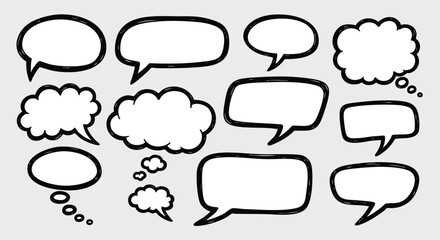 Collection of various hand-drawn speech bubbles and thought bubbles for communication design.