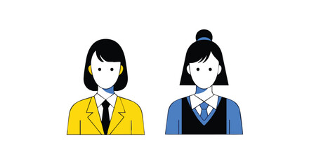 Two minimalist illustrations of faceless women in business attire.