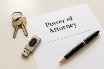 Power of attorney legal document with key and pen, representing important estate planning and control over financial decisions and assets.