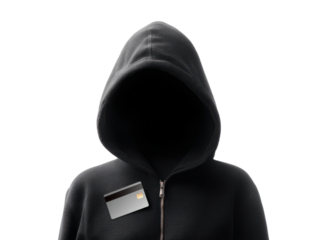 Hooded figure holding credit card against black background image