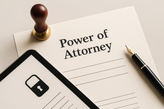 A formal power of attorney document granting legal authority, with a signature pen and seal placed on the desk, symbolizing the seriousness and importance of the agreement