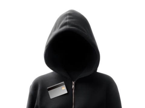 Hooded figure holding credit card against black background image